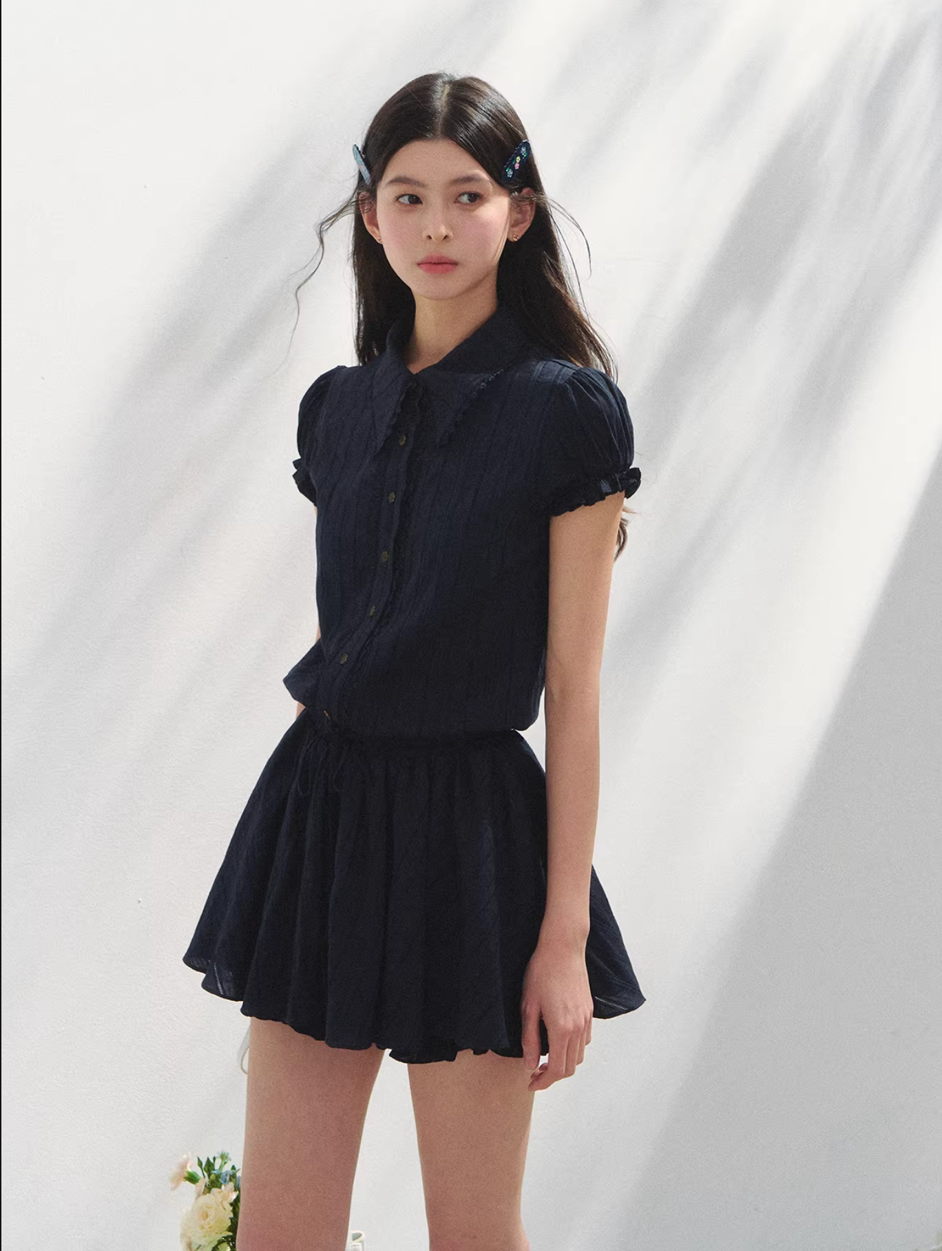 SUNSETPARK Student-style navy blue short-sleeved shirt dress