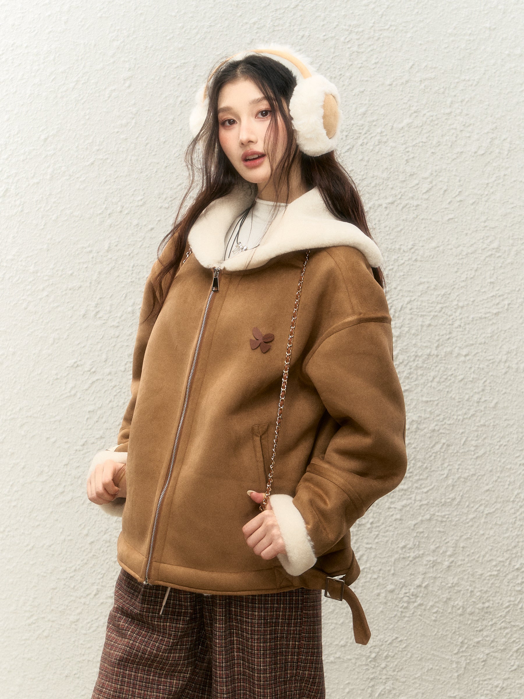 Women's winter warm thick fur coat, warm fur collar, top designed with suede ELEVEN SLEEP