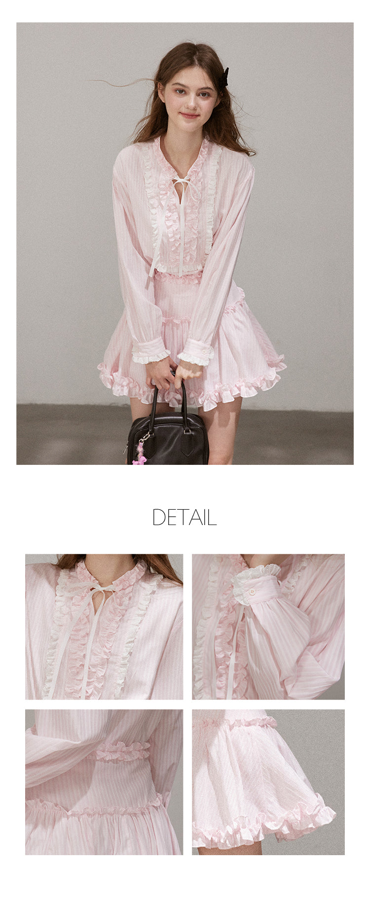 Set "Mist Color Dreamweaver" Women's French ruffled long sleeve shirt and designer mini skirt