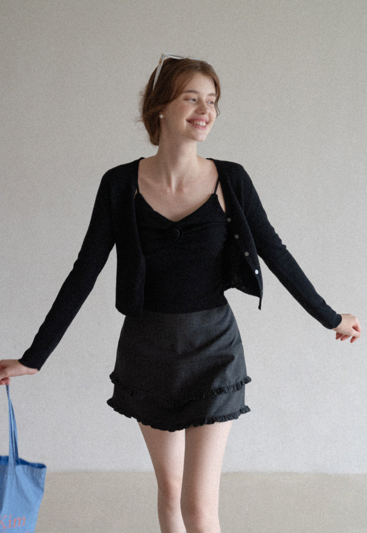 French style two-layer ruffled A-line dress for early autumn, high waist, body-hugging, anti-revealing EGGKA