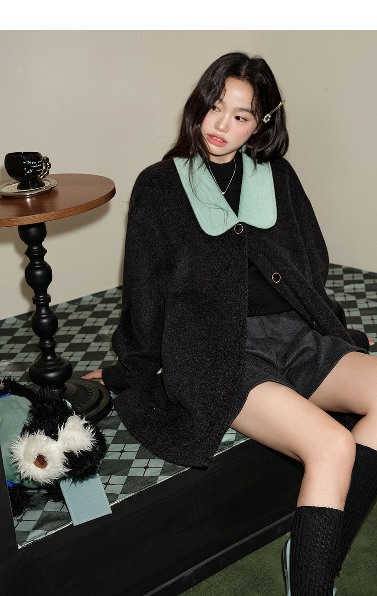 KOUSE Women's 2025 New Autumn Winter Classic Medium-Long Woolen Coat Black and Gray