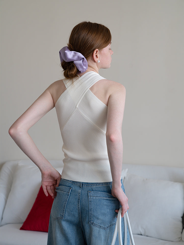 Women's Summer French Cross Neck Knitted Sweater, Short Bodycon Top EGGKA