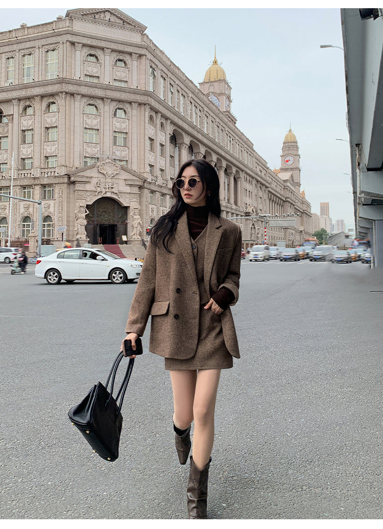 Mulvan classic brown wool tweed vest for women autumn and winter high quality loose fit herringbone pattern