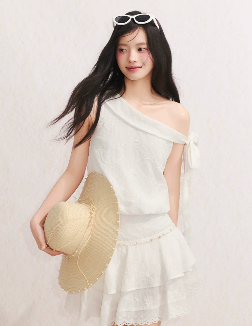 UMOUMO Sweet summer dress for girls, off-shoulder, pleated, floral pattern, butterfly waist.