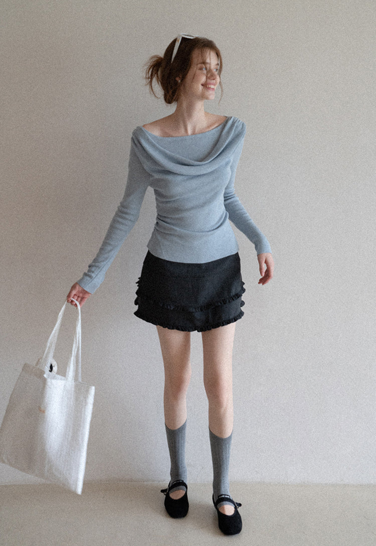 French style two-layer ruffled A-line dress for early autumn, high waist, body-hugging, anti-revealing EGGKA