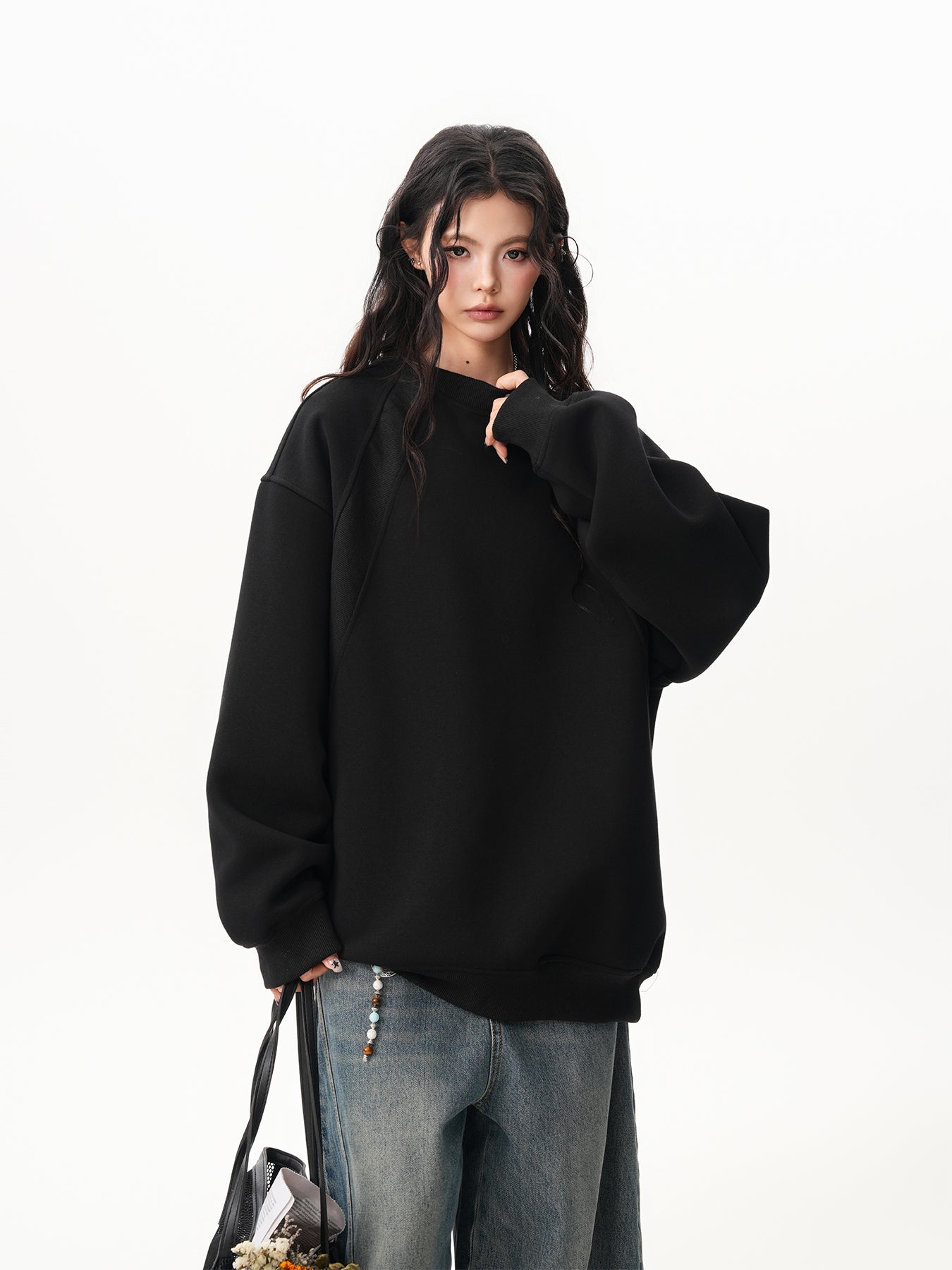 BWKA Thick cotton round neck sweatshirt, stitching for men and women, premium solid color t-shirt, loose fit, casual for couples