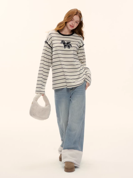 AsGony wide-leg straight jeans with fleece lining at the hem - Wide fit, flattering, comfortable, versatile, fleece-lined long pants.