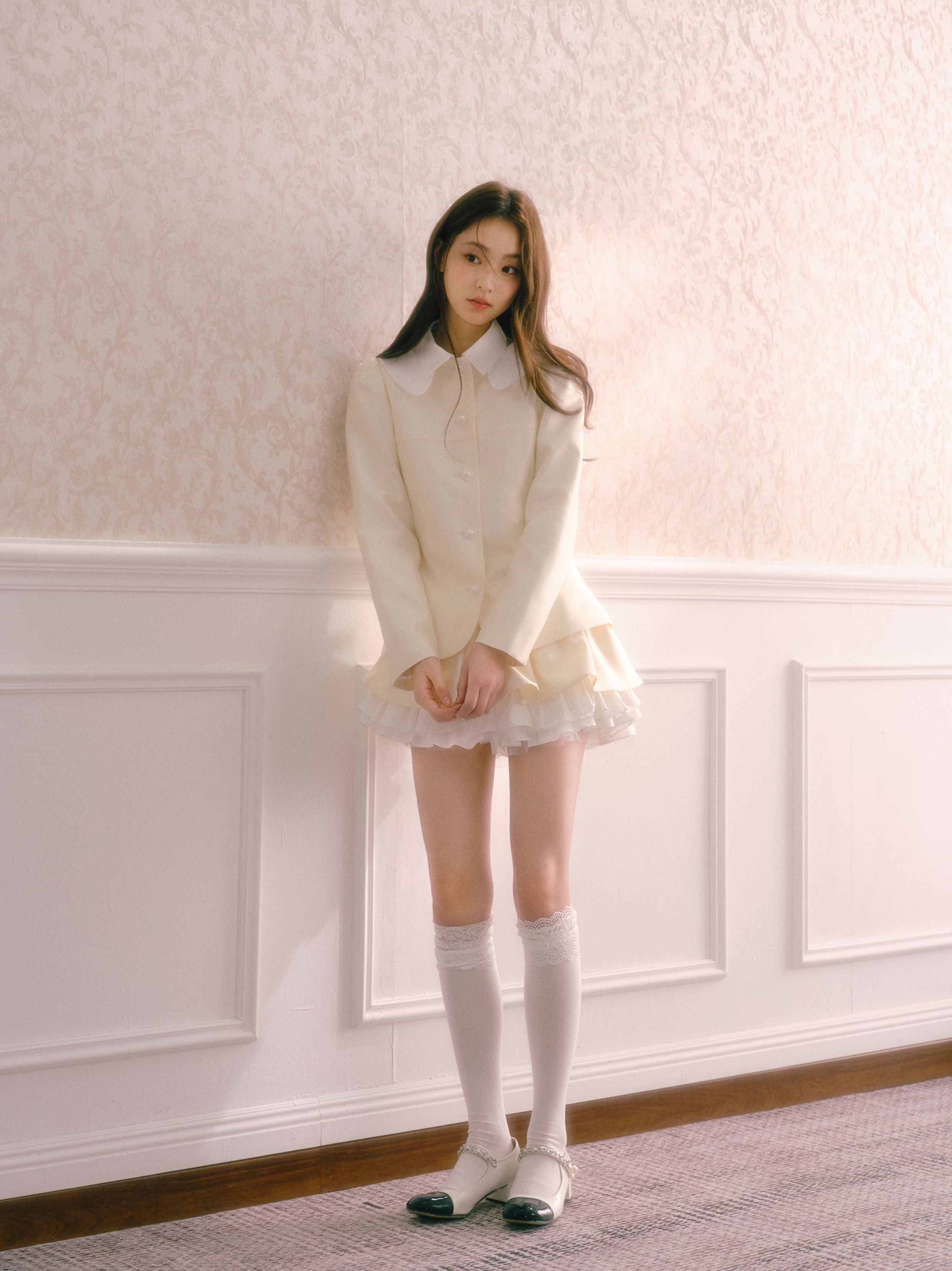 RECIT Chanel-inspired champagne satin two-piece set for fall/winter, featuring a Peter Pan collar jacket and layered puffy skirt.