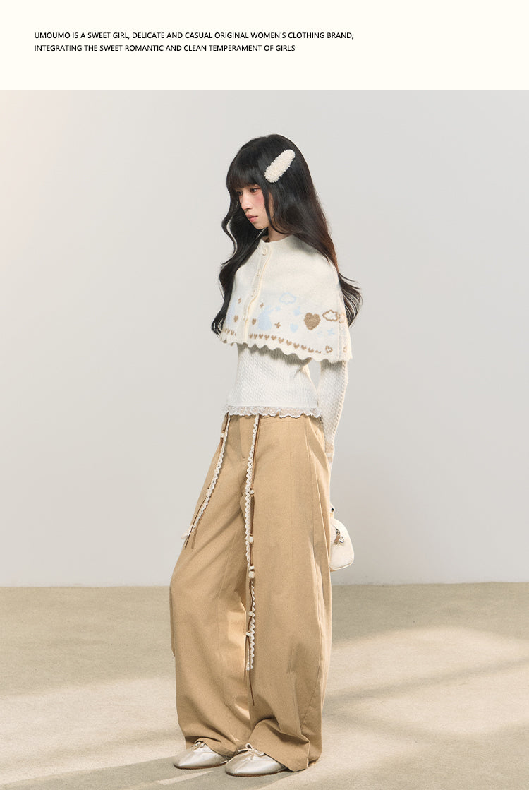 UMOUMO Retro style heart embroidered wide leg pants, cute and cool wide leg casual pants with one strap pocket.