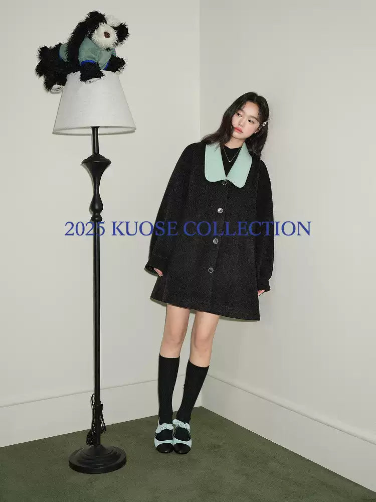 KOUSE Women's 2025 New Autumn Winter Classic Medium-Long Woolen Coat Black and Gray