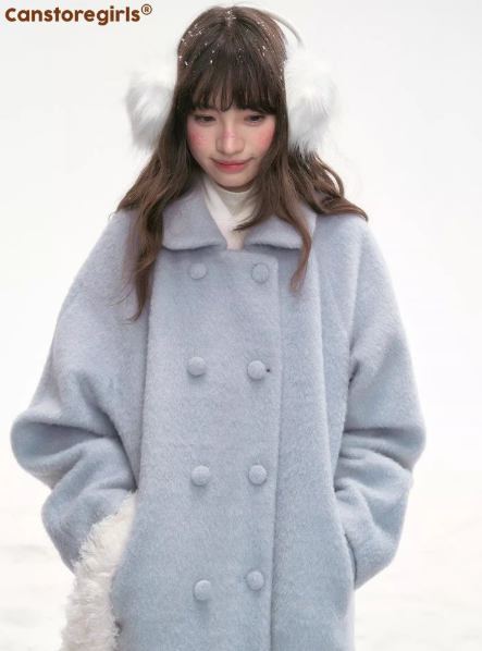 CANSTOREGIRLS Winter Blue Double Lapel Long Quilted Wool Overcoat