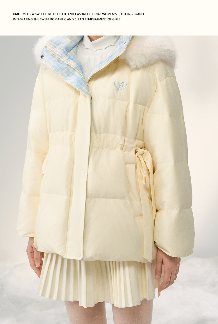 UMOUMO [90% White Duck Down] Mushroom Sweet Waist Slimming Two-Way Placowork Patchwork Down Jacket with Hood and Detachable Fur Collar