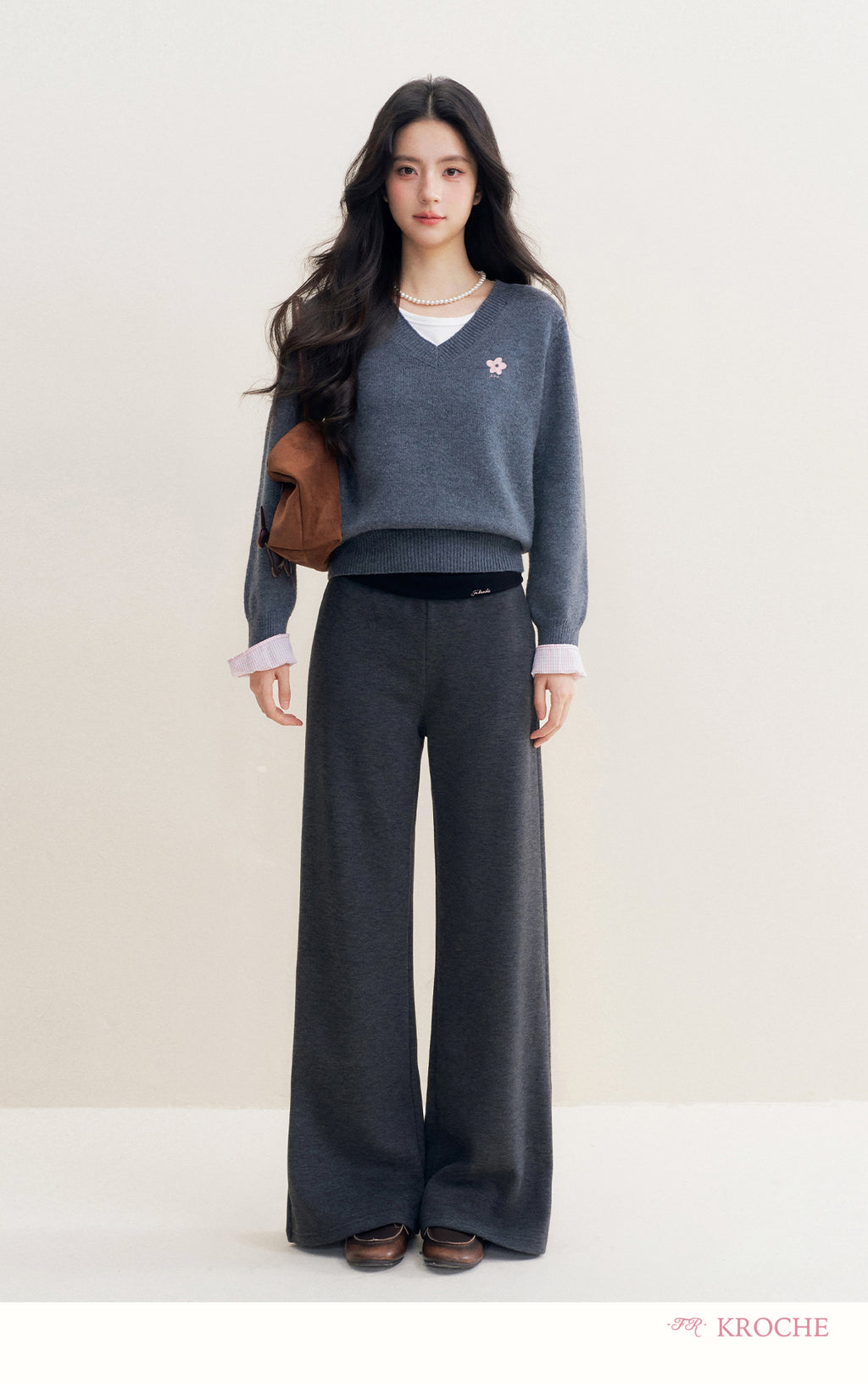 kroche 25AW two piece grey wool blend patchwork v neck sweater with bow