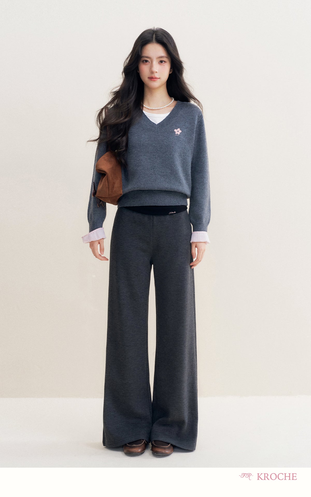 kroche 25AW two piece grey wool blend patchwork v neck sweater with bow