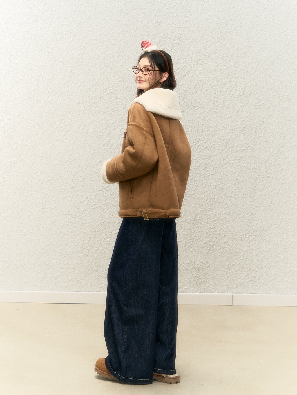 Women's winter warm thick fur coat, warm fur collar, top designed with suede ELEVEN SLEEP