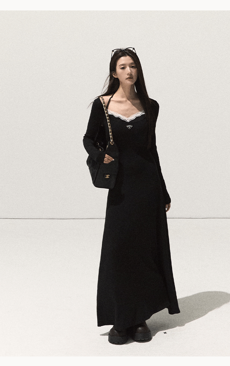 OAKMOO Black Two-piece Long Sleeve Faux Lace Halter Neck Waist Tie Dress, Autumn/Winter Long Dress with Waist Tie