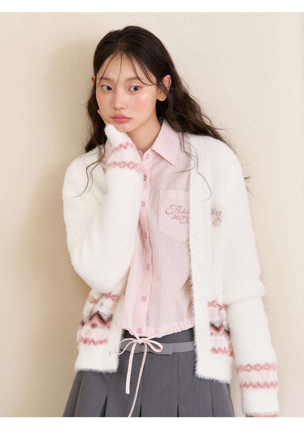 ABLUEBERRY [Tian Xiwei Style] Blueberry velvet scarf cardigan, Korean sweet style Fair Isle sweater