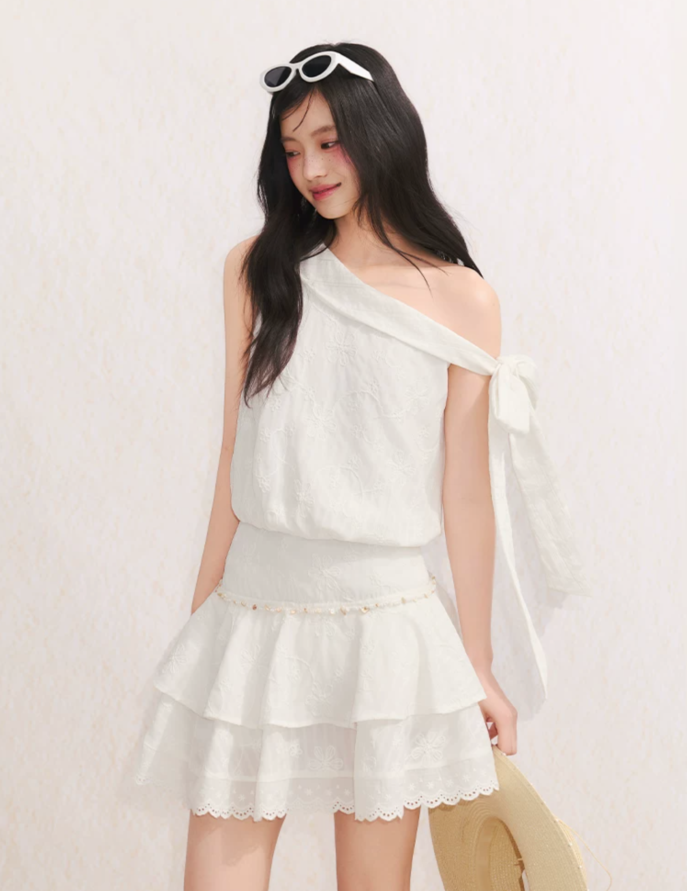 UMOUMO Sweet summer dress for girls, off-shoulder, pleated, floral pattern, butterfly waist.
