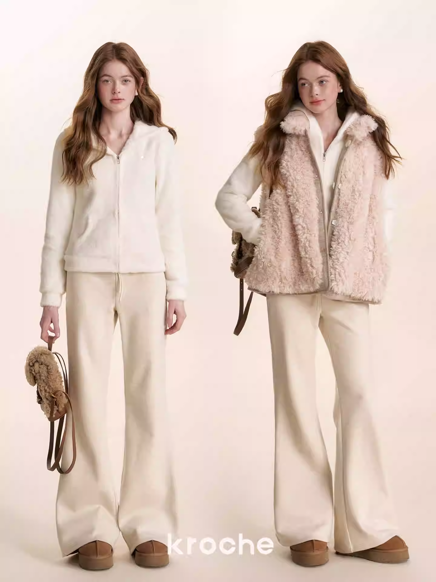 KROCHE Comfortable, wide-leg fleece pants, cashmere blend, ribbed, loose style.