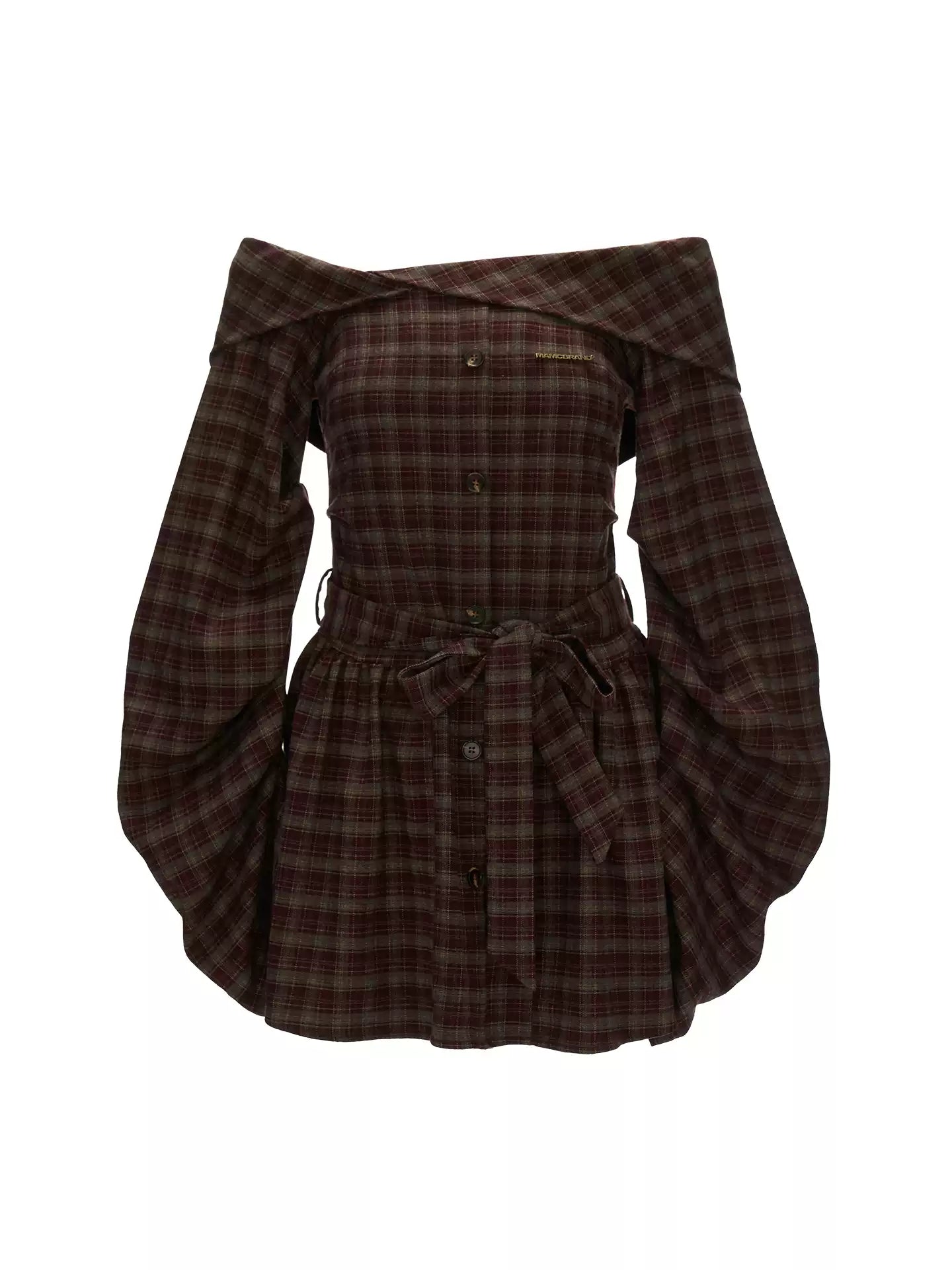 MAMC new autumn retro long women's off-shoulder plaid shirt dress