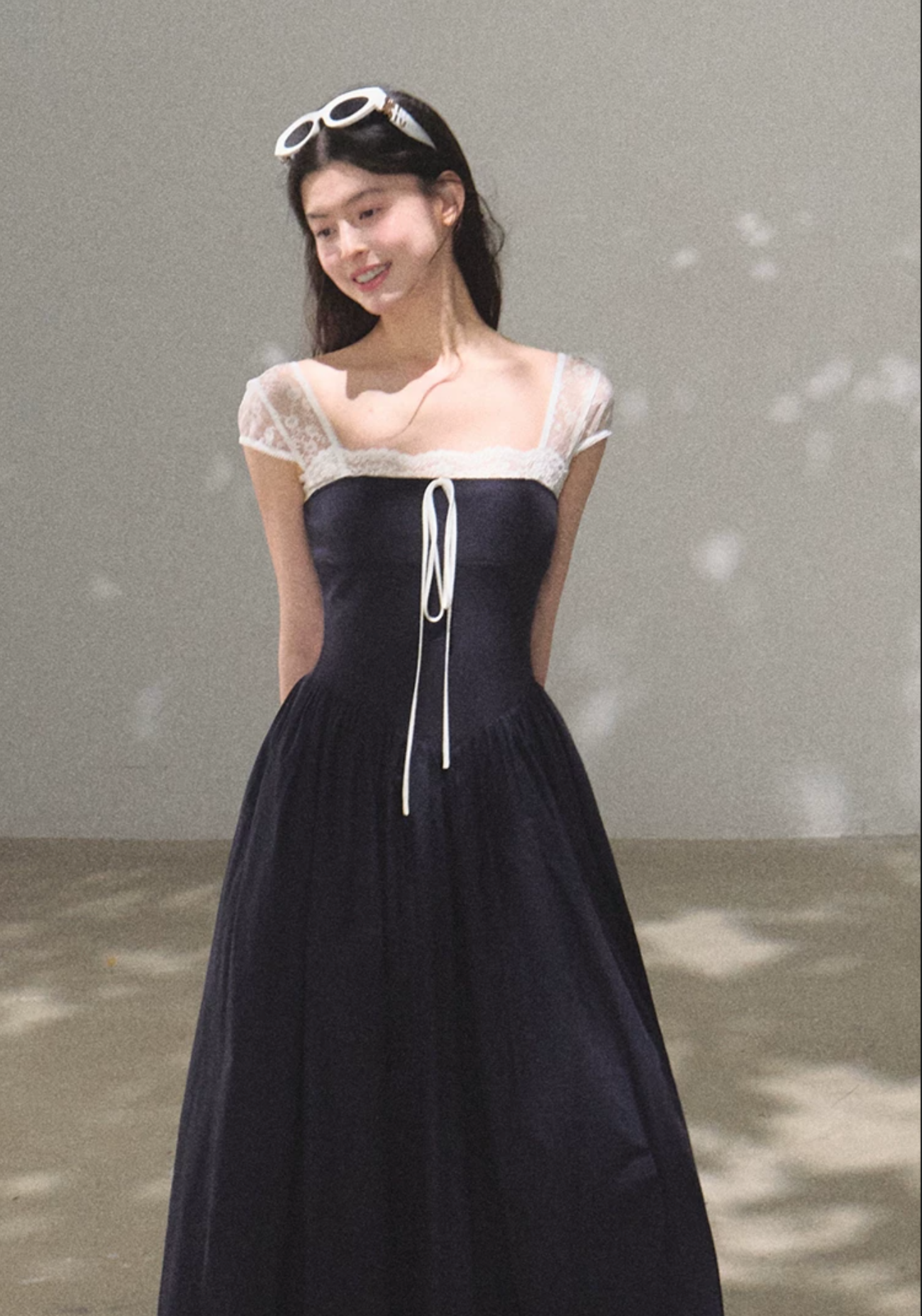 OAKMOO "Gently Pick Up" beach resort style lace slip dress with a waist-hugging skirt.