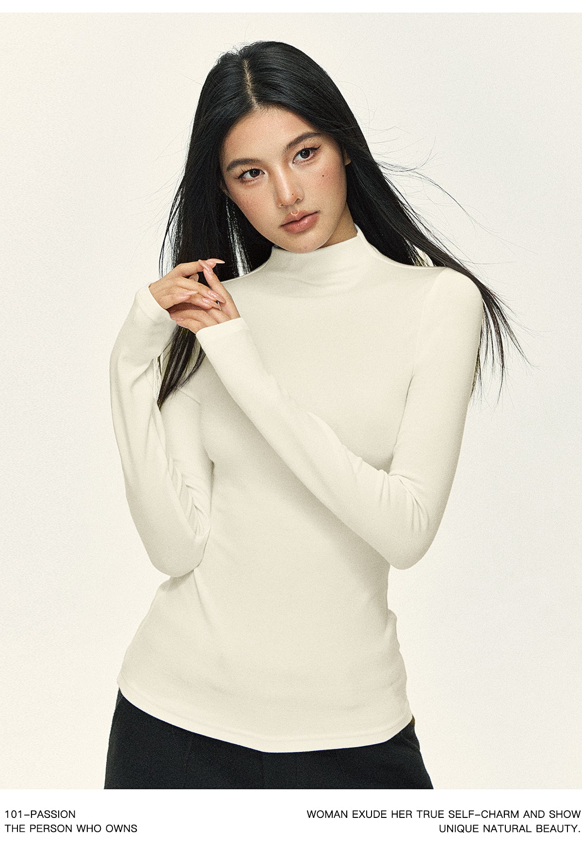 101PASSION Women's Tencel Wool High Neck T-Shirt, Fall/Winter, Solid Color, Slim Fit, Long Sleeves