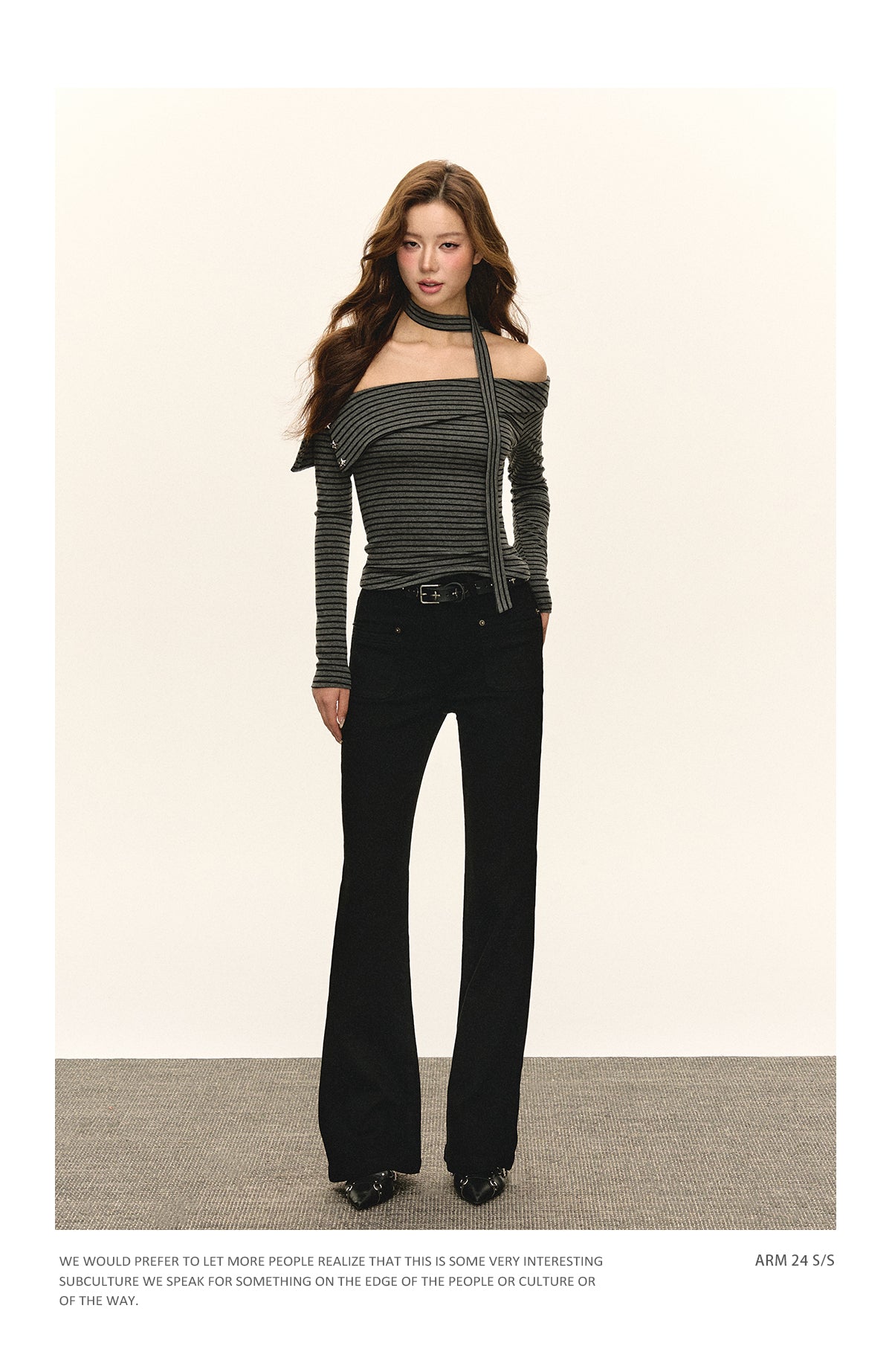 Ariseism American fashion autumn winter black striped off-the-shoulder long-sleeved t-shirt for women