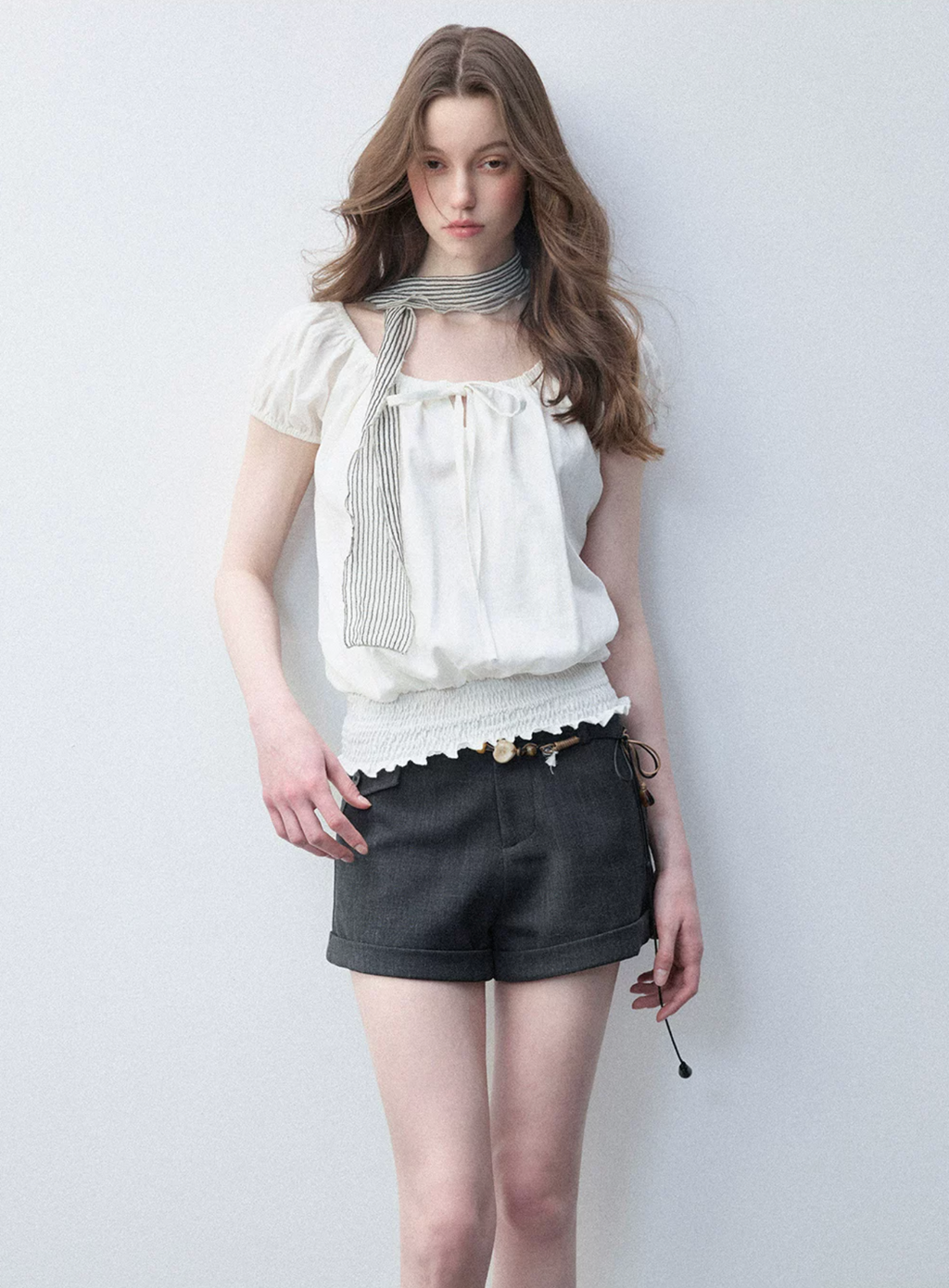 LUAMOSS Korean-style short-sleeved T-shirt with tulip pattern "Lyocell Ramie Blend" for women, breathable and flattering