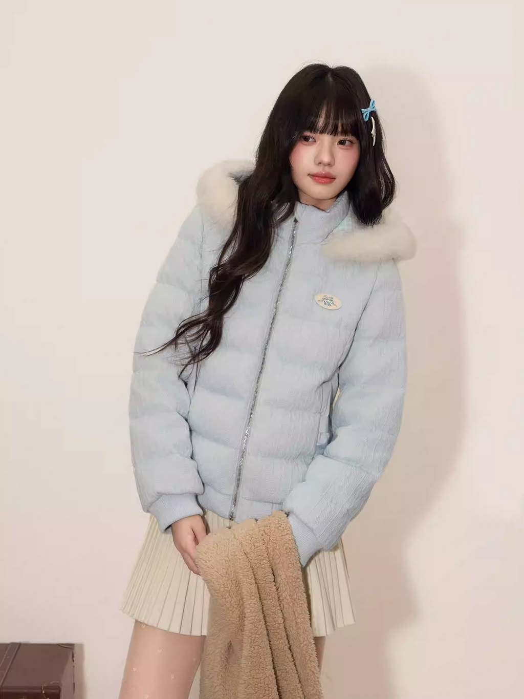 UMOUMO [90% white duck down] Soft and versatile Mushroom down jacket, cable knitted, multi-piece combination, hood, fur collar, slim waist.