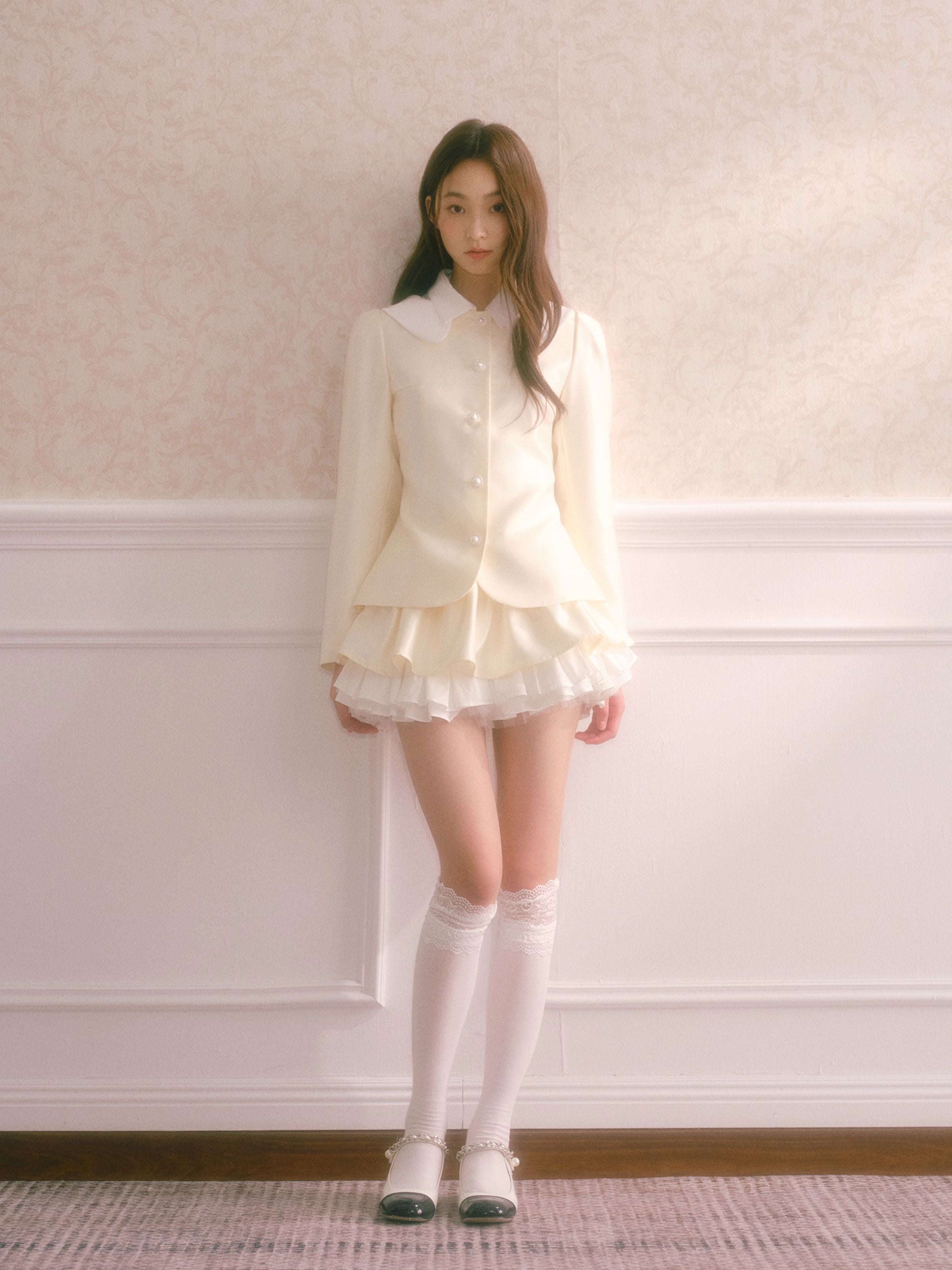 RECIT Chanel-inspired champagne satin two-piece set for fall/winter, featuring a Peter Pan collar jacket and layered puffy skirt.