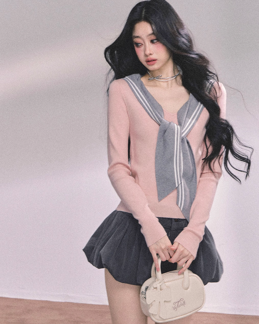 AOMALM Women's American Style "Girl Navigator" Navy Blue Long Sleeve Round Neck T-Shirt for Women Fall Pink