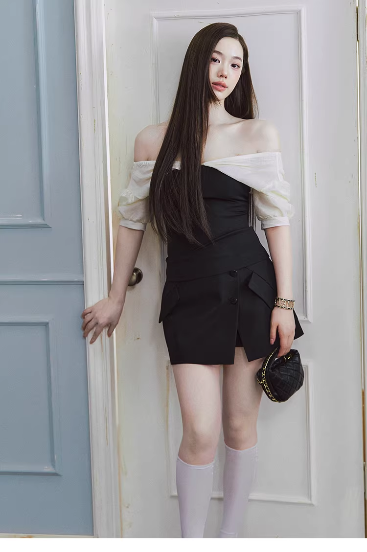 LaLuneDuCiel Two-piece shirt without shoulder straps, puffed sleeves, tight fit, sweet and gentle design for women