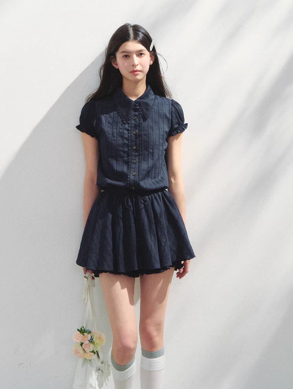 SUNSETPARK Student-style navy blue short-sleeved shirt dress