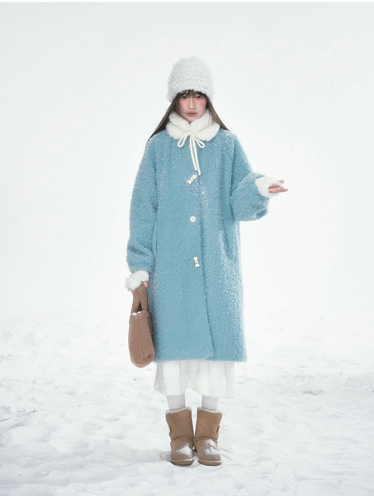 CANSTOREGIRLS Women's coat Canned Goods Store 2025 winter new style color block medium length fur collar blue quilted wool