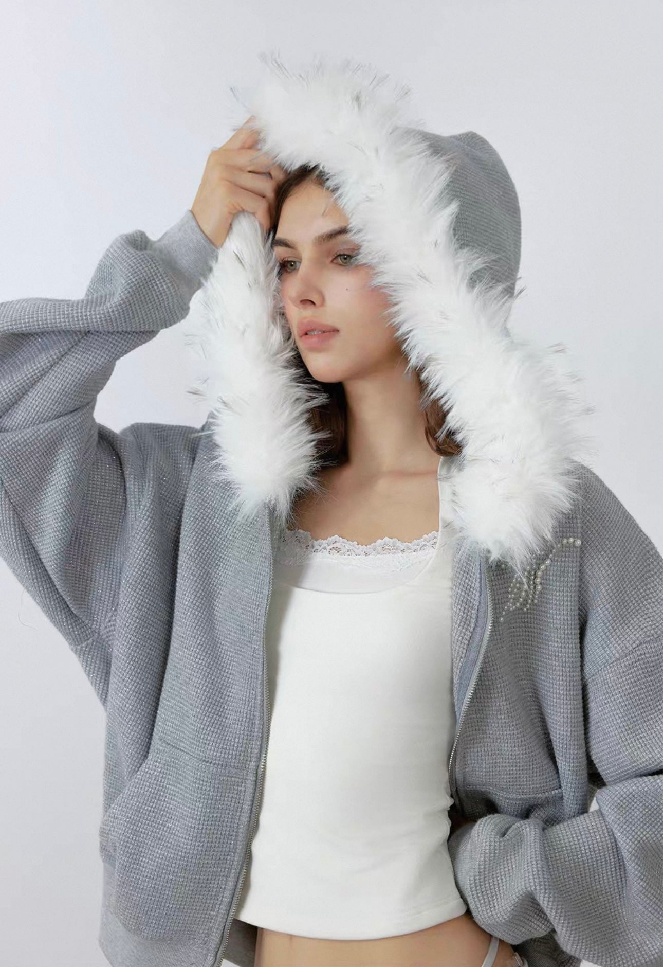 Grey fleece jacket with hood and fur collar