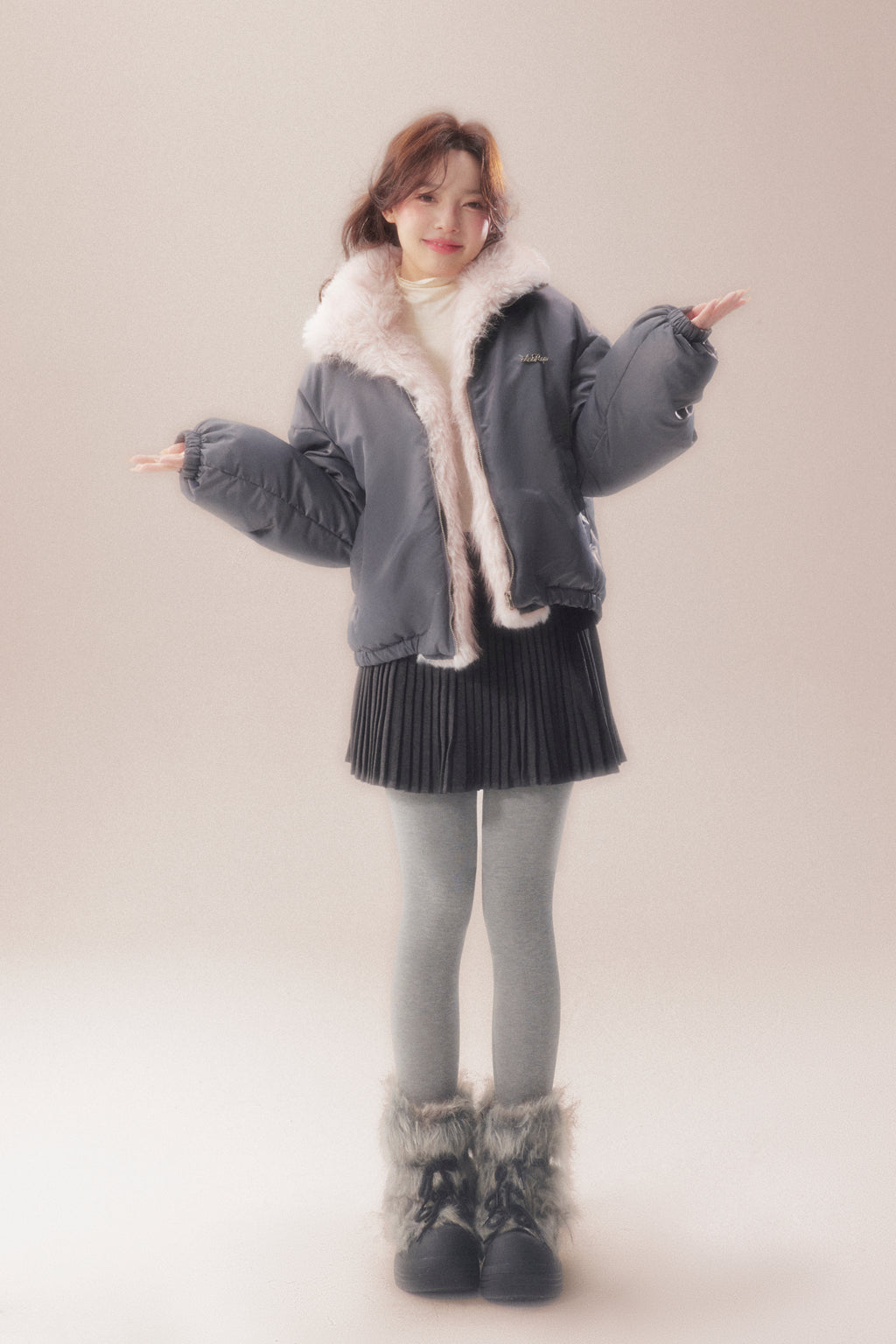 AOORAA 【Winter New Arrival】Original Design Patchwork Fleece Jacket "Cherry Blossom Snow"