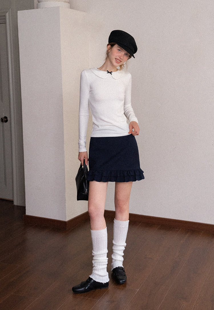 Women's white long-sleeved t-shirt with doll bow collar, autumn and winter, slim fit EGGKA