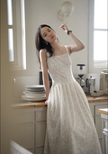 LALAGOW French Jacquard lace long dress with slim shape and thin straps for women, elegant summer long dress