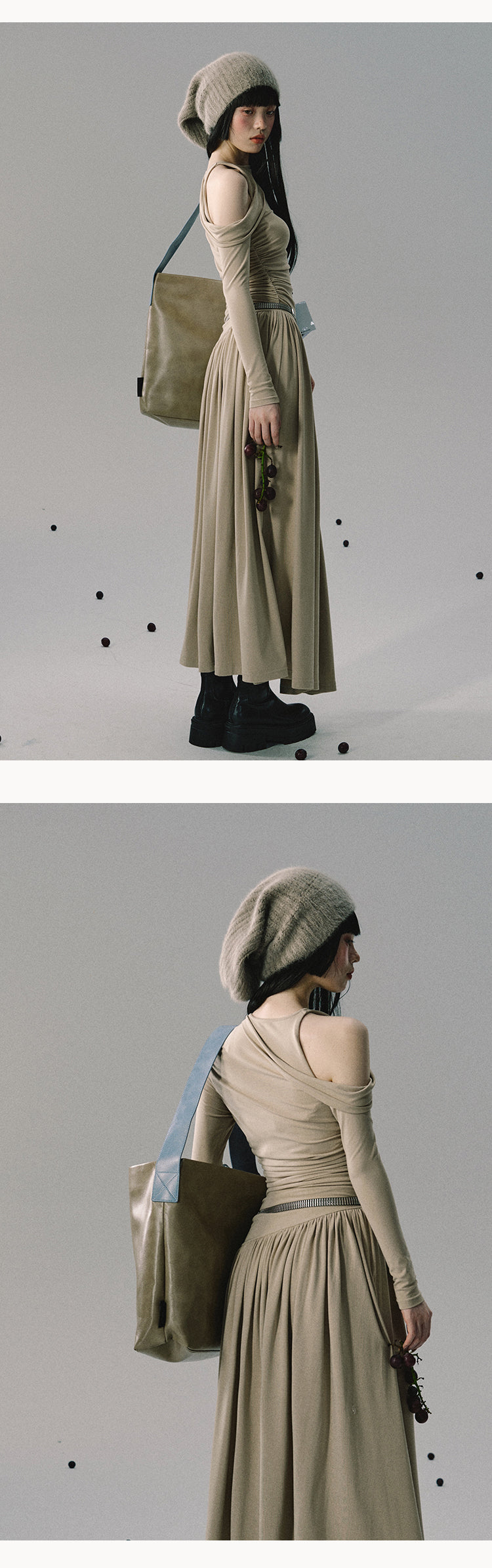 Oakmoo "Moss Meditation" Retro Round Neck Two-Layer Off-The-Shoulder Knitted Long Dress