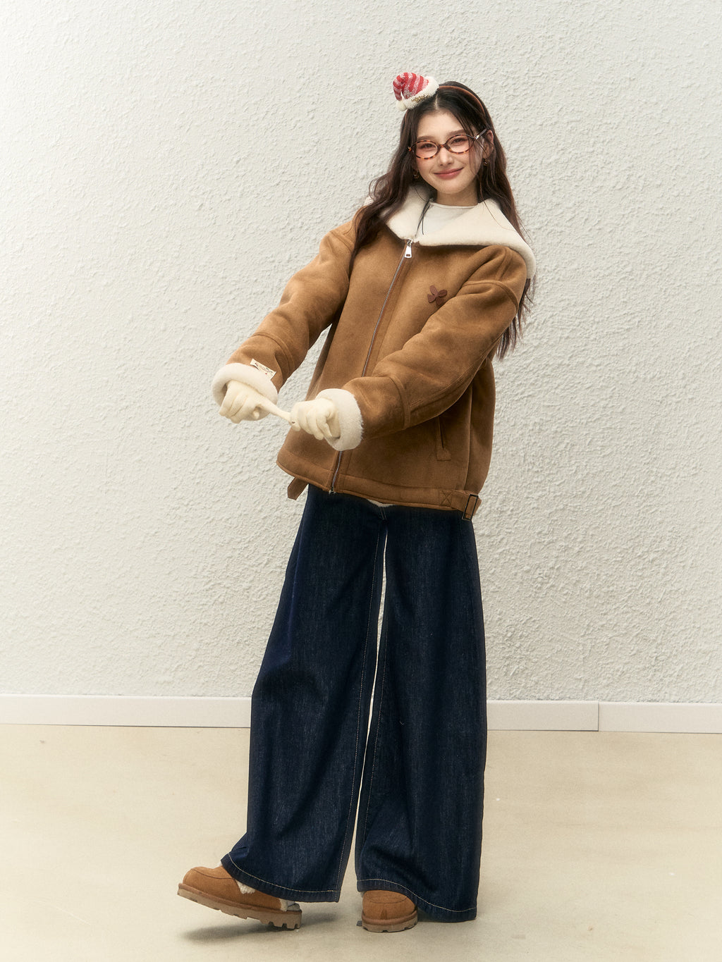 Women's winter warm thick fur coat, warm fur collar, top designed with suede ELEVEN SLEEP