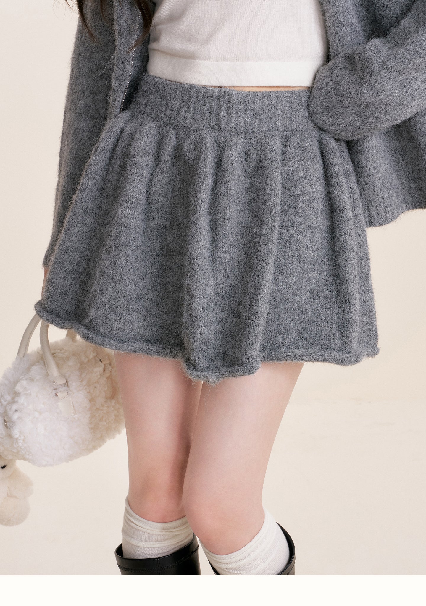 KROCHE Winter Warm A-line Cardigan Sweater Set Gray Double Zipper for Puppy 25aw