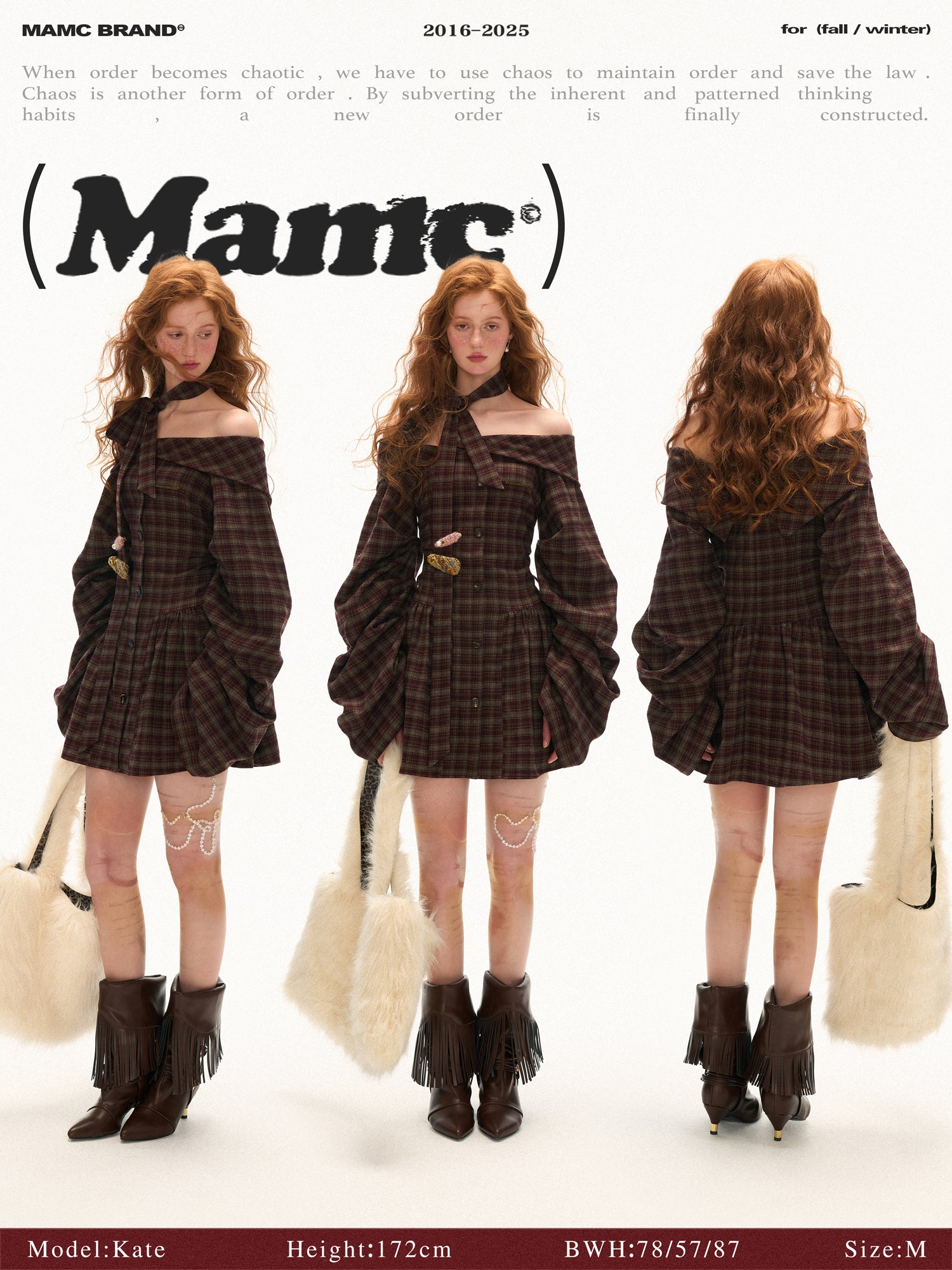 MAMC new autumn retro long women's off-shoulder plaid shirt dress
