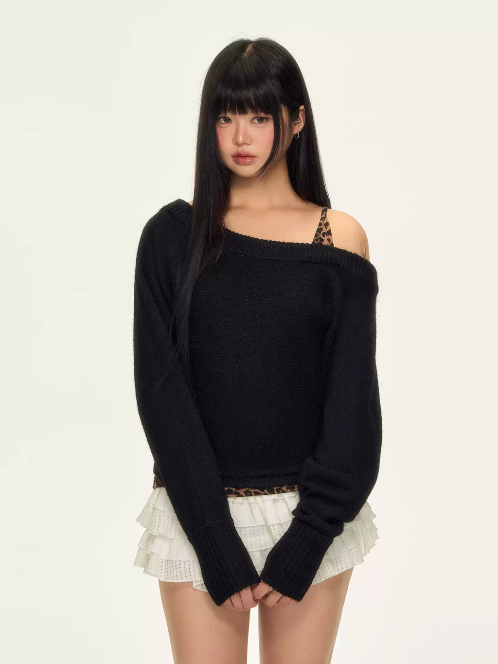 WEEKENDHUB レディース ワンショルダー ストラップレス 長袖 レオパード柄 ツーピース ニットセーター 柔らかく暖かい 秋