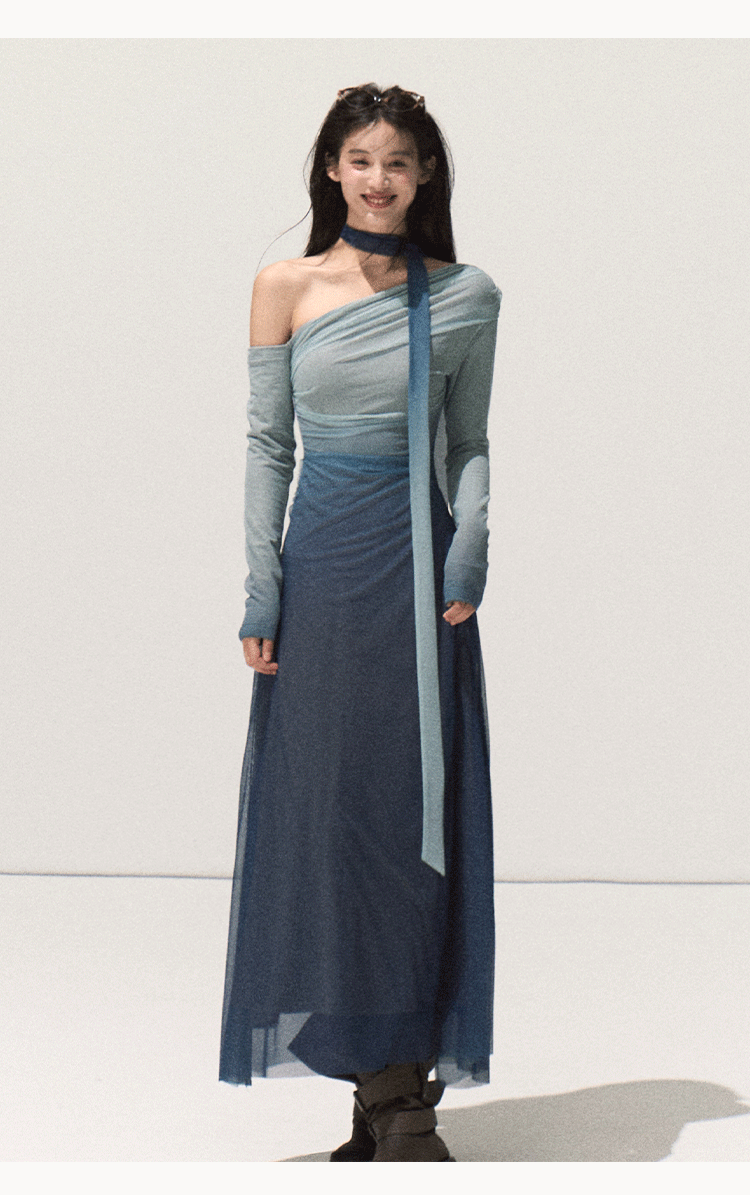 "Plant Aura" Oakmoo Gradient Stretch Off-the-Shoulder Long Sleeve Bodycon Dress