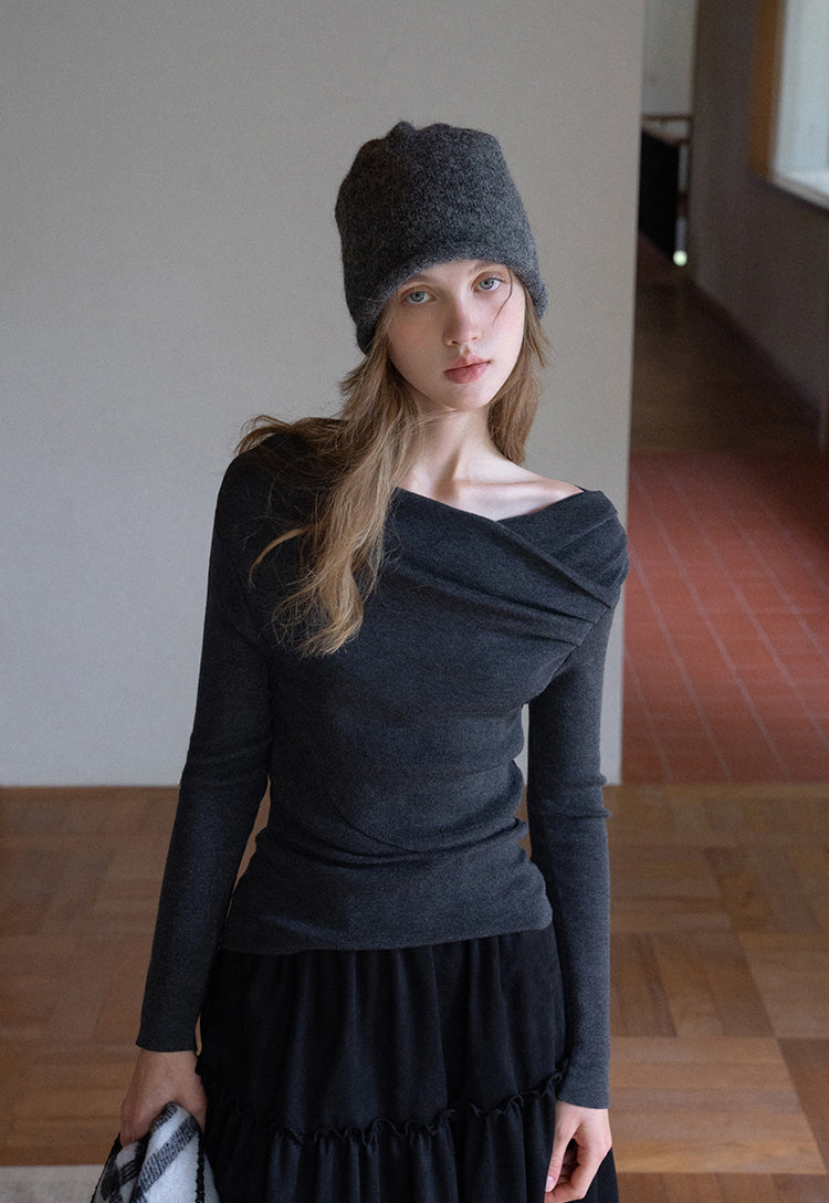 EGGKA Women's Autumn Winter Off-the-shoulder French Cross Neck Long Sleeve One Shoulder Sweater