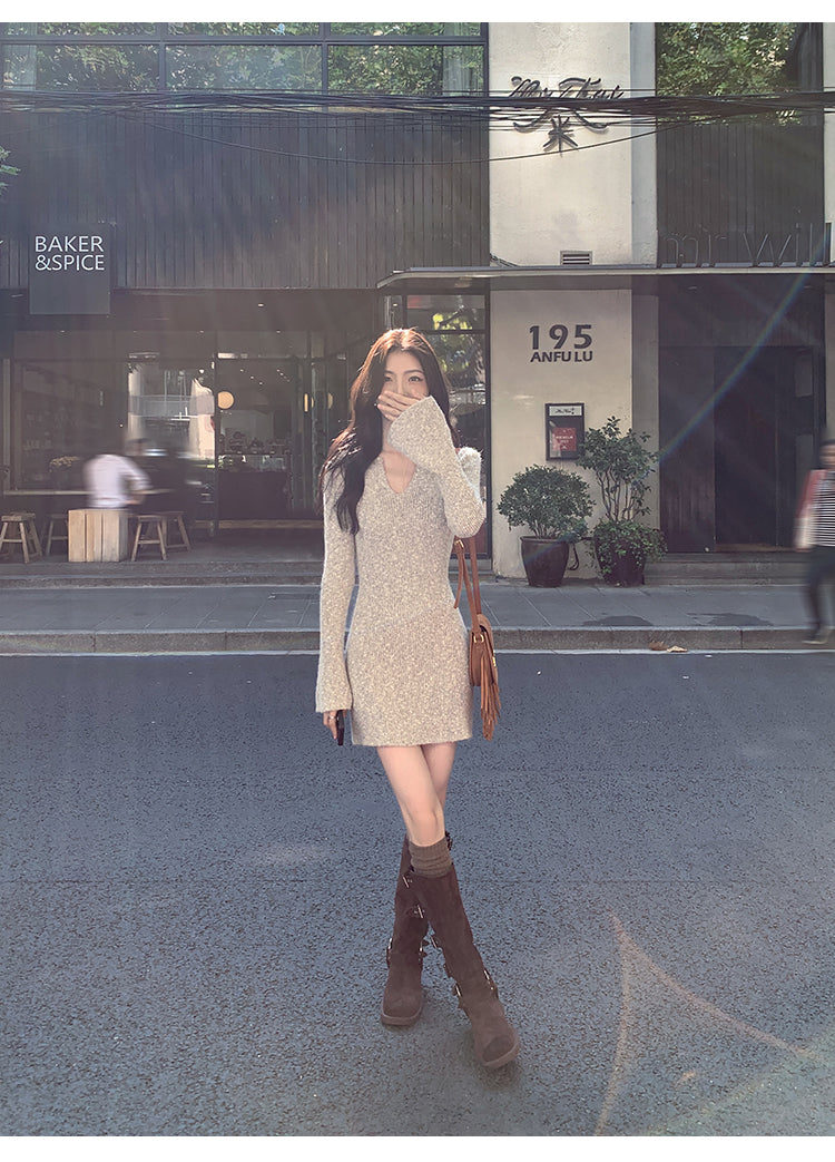 MULVAN MULVAN Women's Sexy V-Neck Sweater Dress, Fall/Winter, Slim Fit, Waistband, Bodycon Mini Skirt