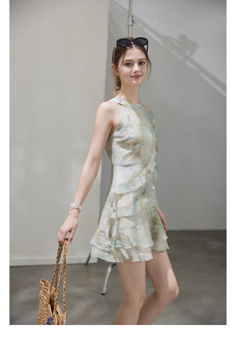 "Monet's ink painting" Callmelater sleeveless tencel halter neck dress with lace trim for the holiday season