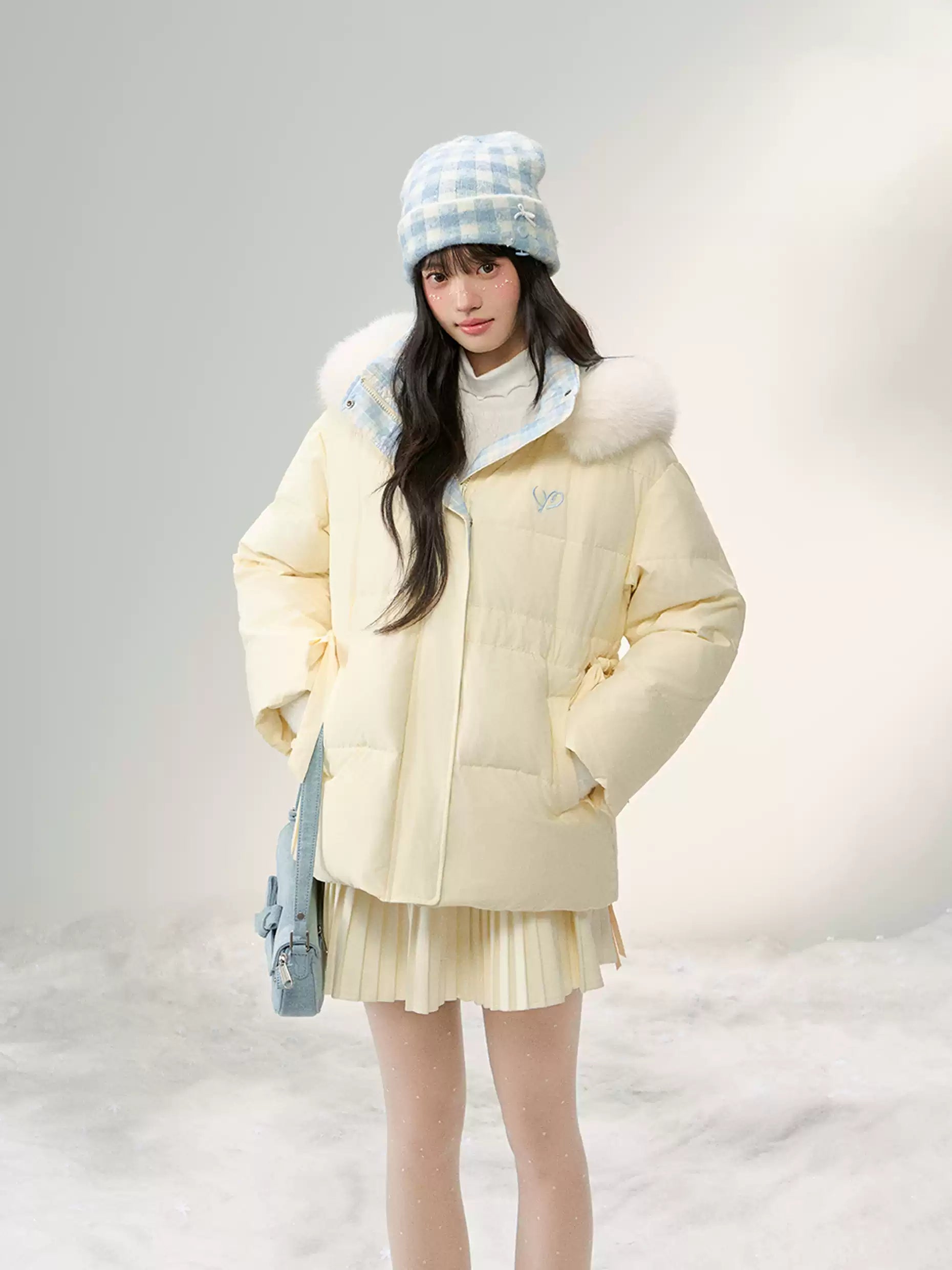 UMOUMO [90% White Duck Down] Mushroom Sweet Waist Slimming Two-Way Placowork Patchwork Down Jacket with Hood and Detachable Fur Collar