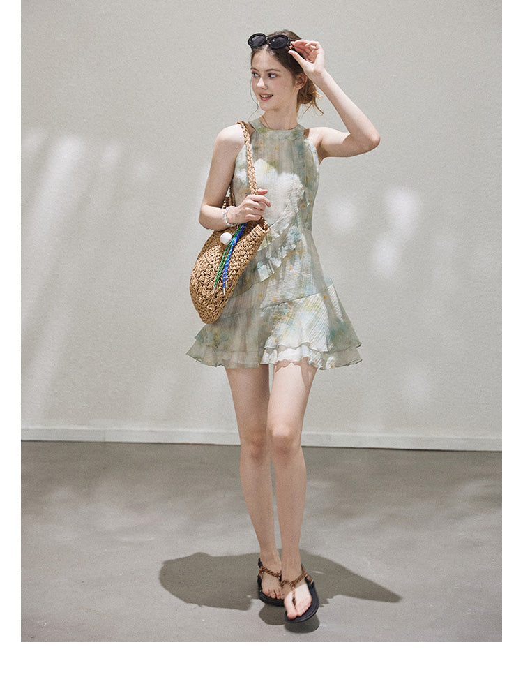 "Monet's ink painting" Callmelater sleeveless tencel halter neck dress with lace trim for the holiday season