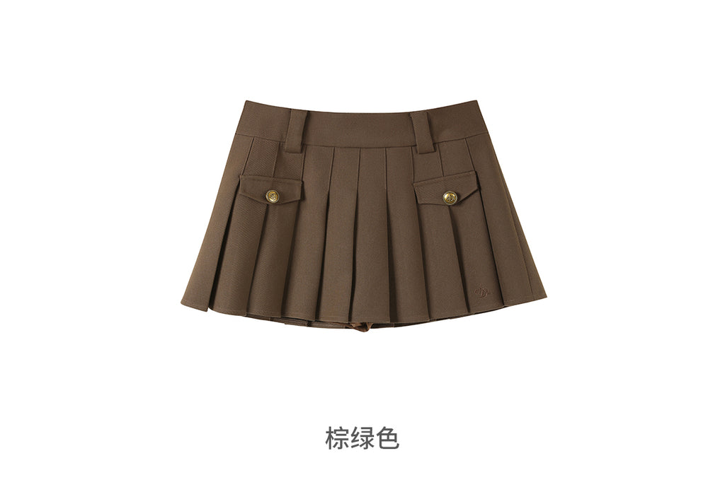 College style faux pocket skirt A-line pleated skirt high waisted mini skirt classic smart tight high end AD1 ANDYET